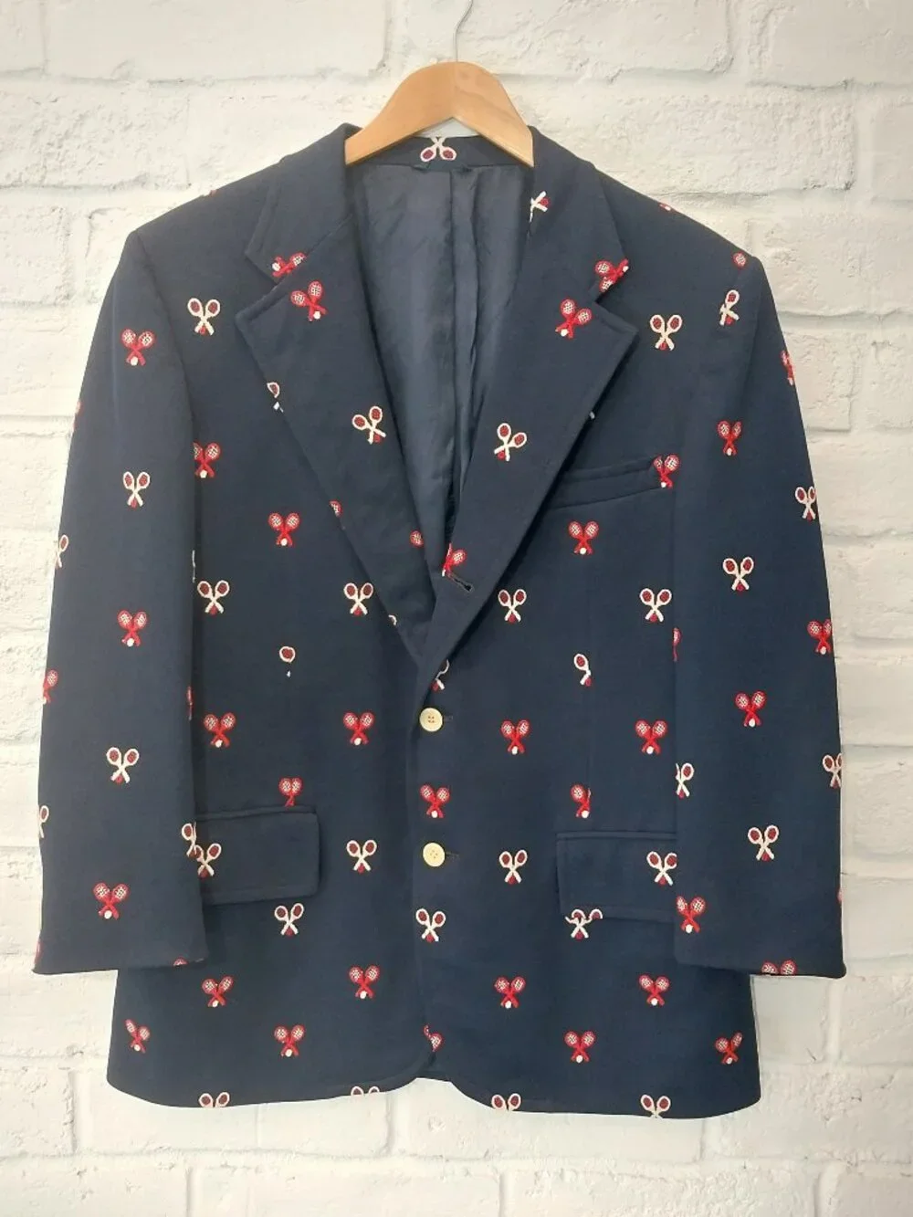 Vintage 80s IZOD Navy blue Blazer Mens 42 Sport Coat Tennis Racket Embroidery